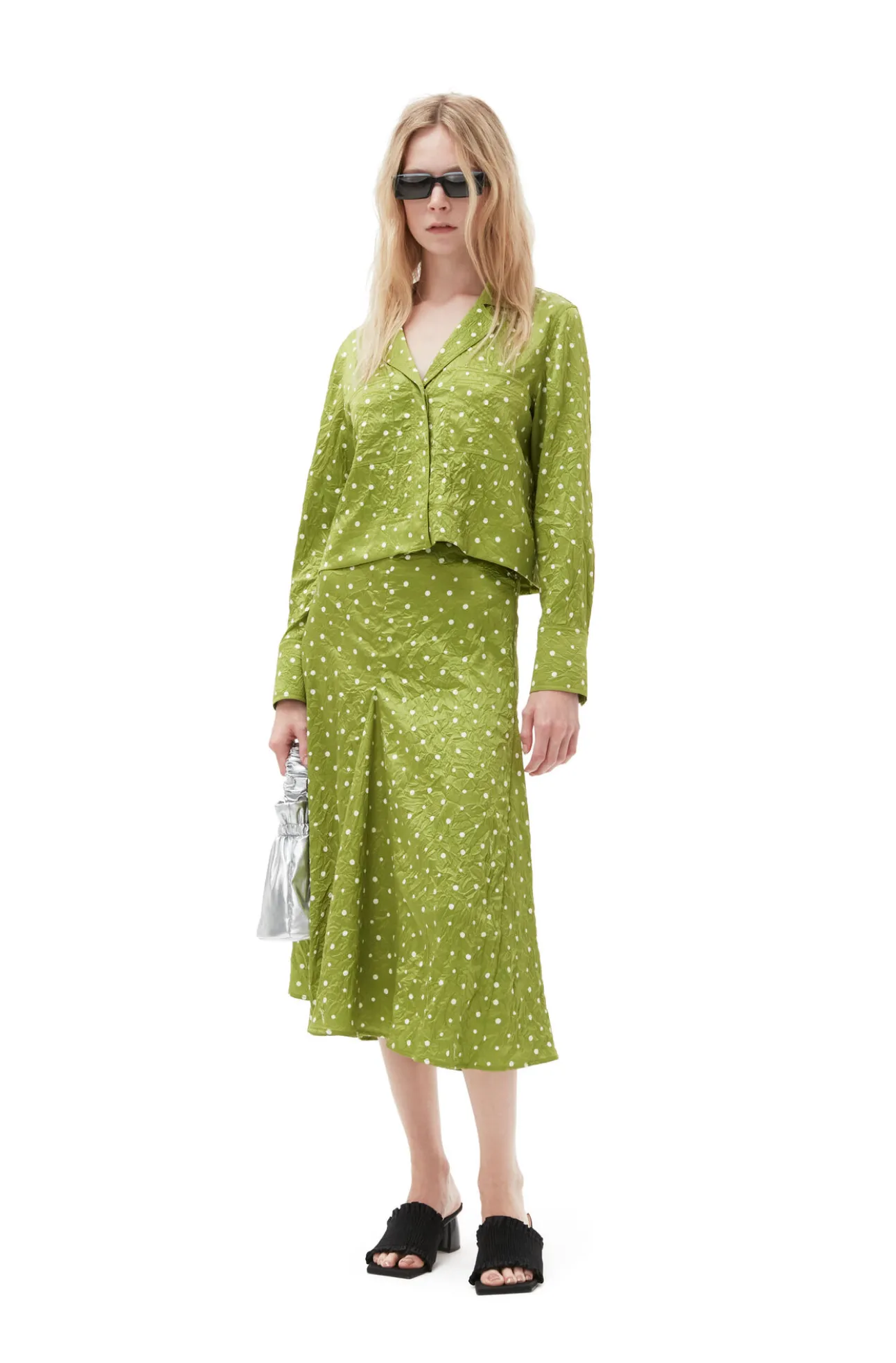Shop GANNI Crinkled Satin Midi Skirt Going Green