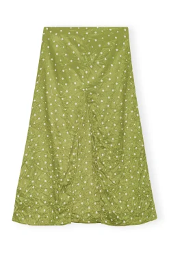 Shop GANNI Crinkled Satin Midi Skirt Going Green