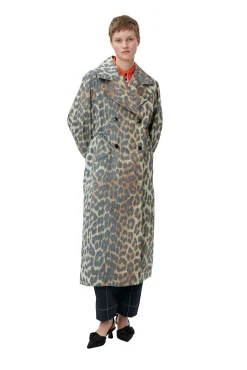 Discount GANNI Crispy Shell Coat Big Leopard Almond Milk