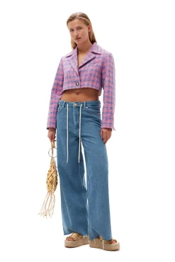 Fashion GANNI Cropped-Blazer Aus Kariertem Anzugstoff Wild Orchid