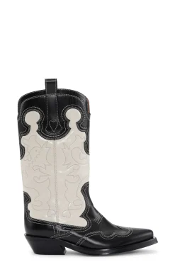 Online GANNI Einfarbige Mittelhohe Bestickte Westernstiefel Black/Egret