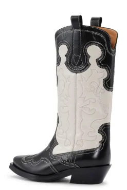Online GANNI Einfarbige Mittelhohe Bestickte Westernstiefel Black/Egret
