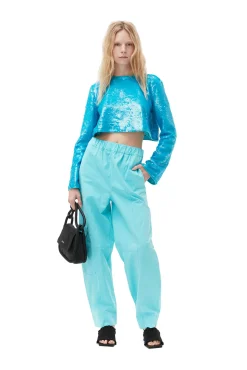 Online GANNI Elastische Curve-Hose Blue Curacao