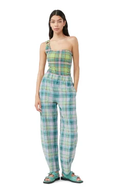 Store GANNI Elastische Seersucker-Hose Mit Karomuster Lagoon