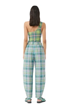 Store GANNI Elastische Seersucker-Hose Mit Karomuster Lagoon