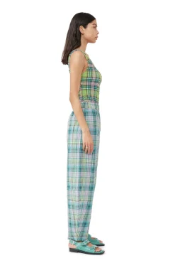 Store GANNI Elastische Seersucker-Hose Mit Karomuster Lagoon