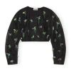 Fashion GANNI Embellished Mesh Shaped Sleeve Cropped Blouse Black