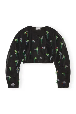 Fashion GANNI Embellished Mesh Shaped Sleeve Cropped Blouse Black