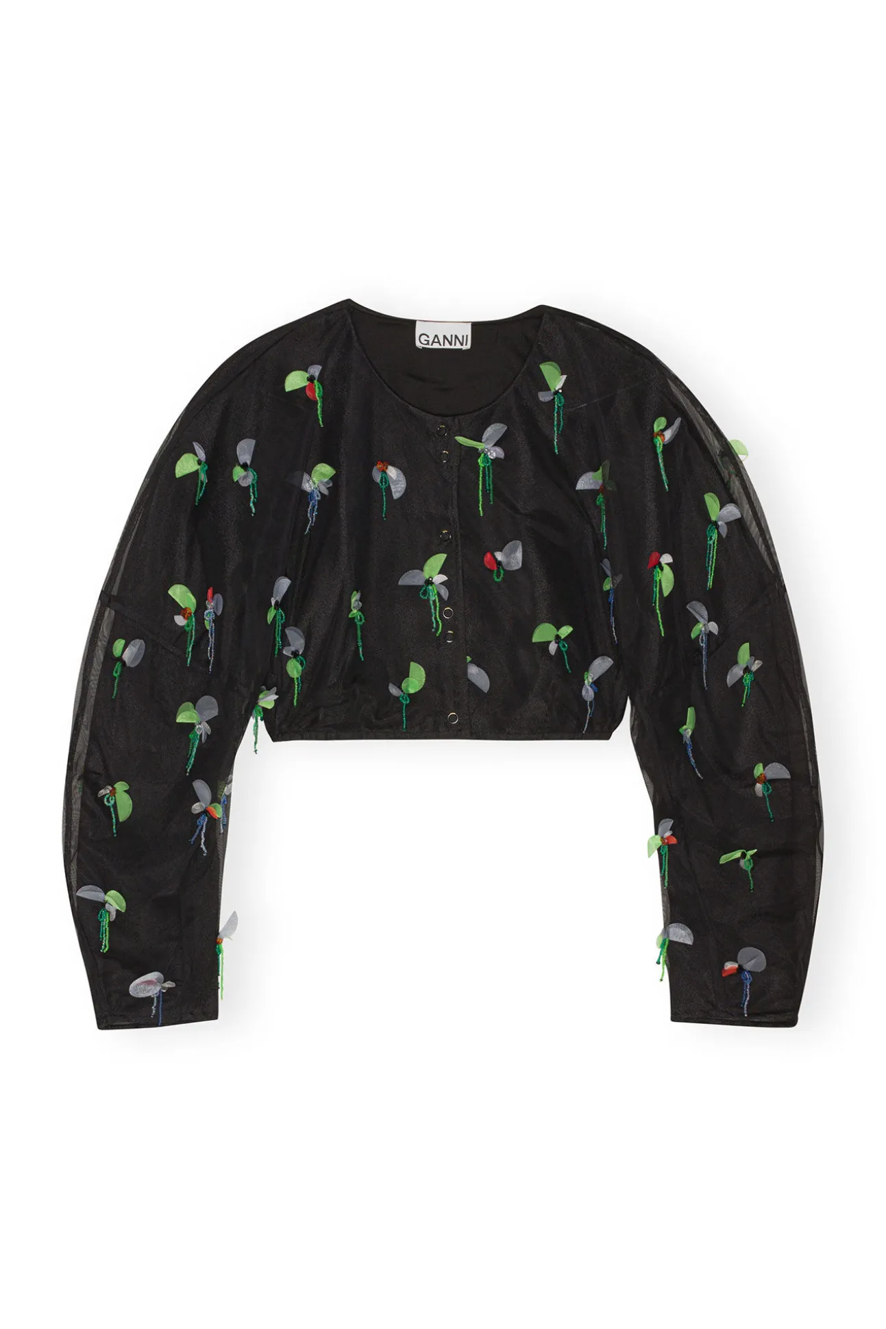 Fashion GANNI Embellished Mesh Shaped Sleeve Cropped Blouse Black