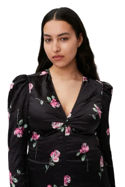 Discount GANNI Falten-Satin-Minikleid Mit V-Ausschnitt Black