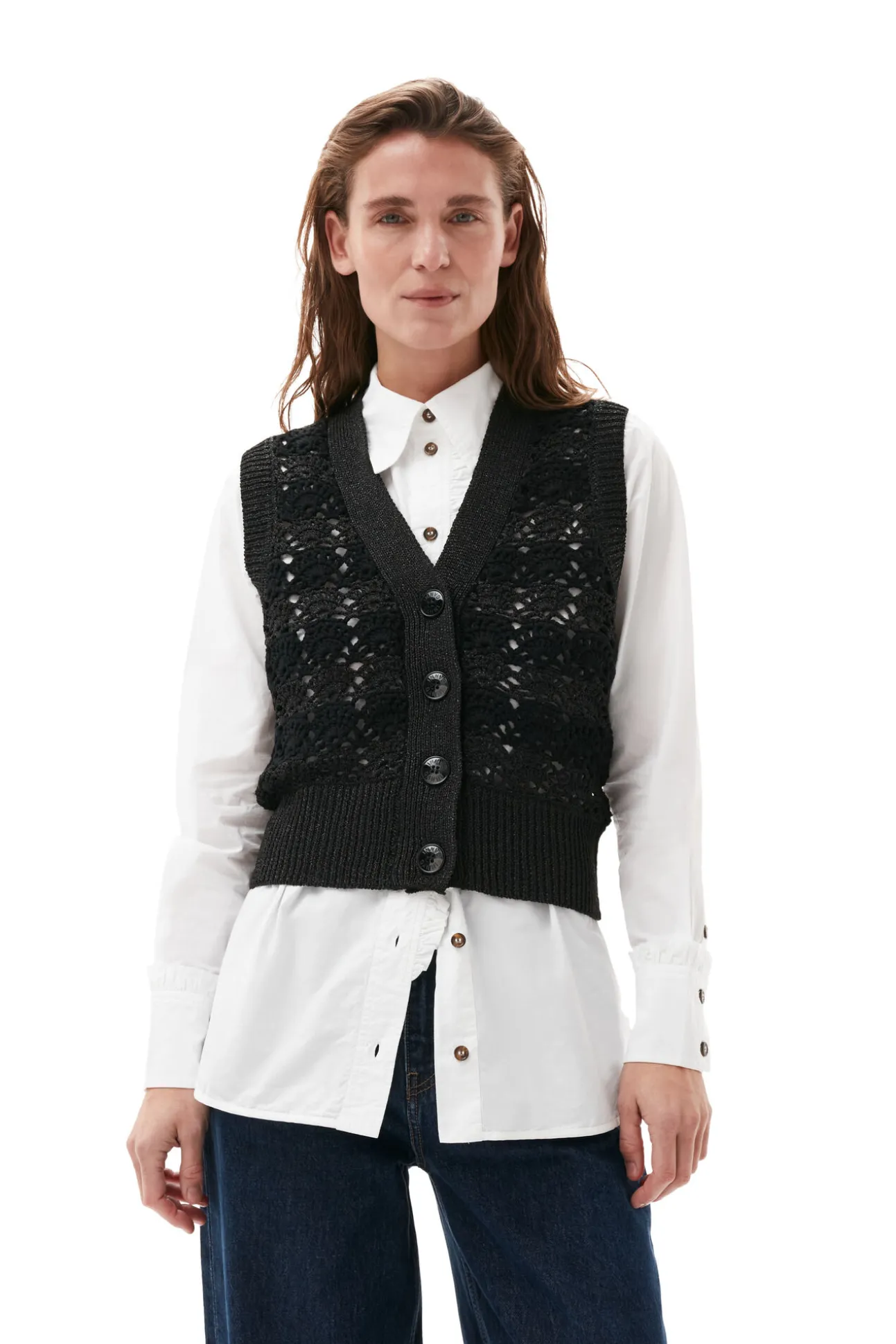 Sale GANNI Gehakelte Weste Mit V-Ausschnitt Black