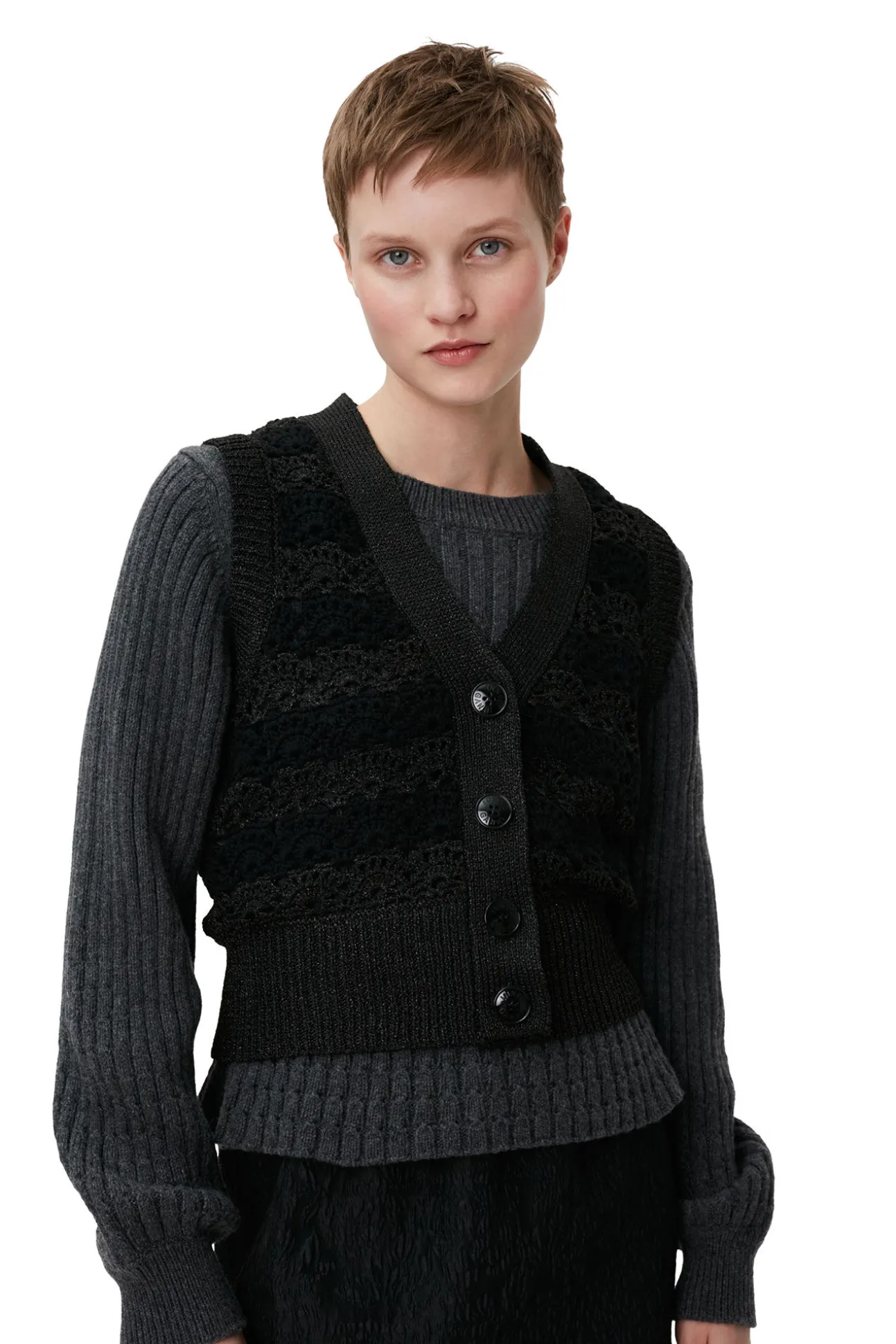 Sale GANNI Gehakelte Weste Mit V-Ausschnitt Black