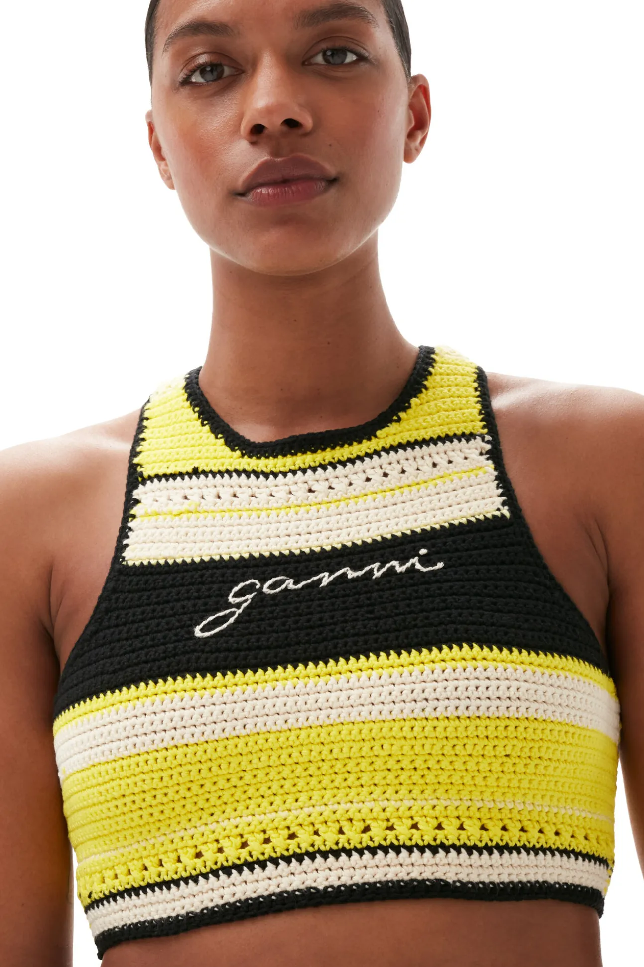 Clearance GANNI Gehakeltes Racerback-Bikinioberteil Golden Kiwi