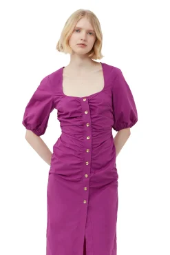 Flash Sale GANNI Gerafftes Maxikleid Aus Cotton Poplin Mit Offenem Ausschnitt Purple Wine