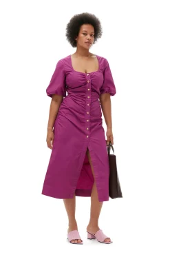 Flash Sale GANNI Gerafftes Maxikleid Aus Cotton Poplin Mit Offenem Ausschnitt Purple Wine