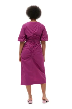 Flash Sale GANNI Gerafftes Maxikleid Aus Cotton Poplin Mit Offenem Ausschnitt Purple Wine