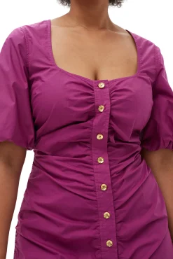 Flash Sale GANNI Gerafftes Maxikleid Aus Cotton Poplin Mit Offenem Ausschnitt Purple Wine