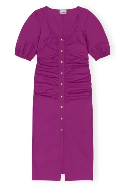 Flash Sale GANNI Gerafftes Maxikleid Aus Cotton Poplin Mit Offenem Ausschnitt Purple Wine