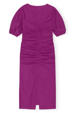 Flash Sale GANNI Gerafftes Maxikleid Aus Cotton Poplin Mit Offenem Ausschnitt Purple Wine