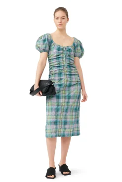 Discount GANNI Gerafftes Seersucker-Midikleid Mit Karomuster Und U-Ausschnitt Lagoon