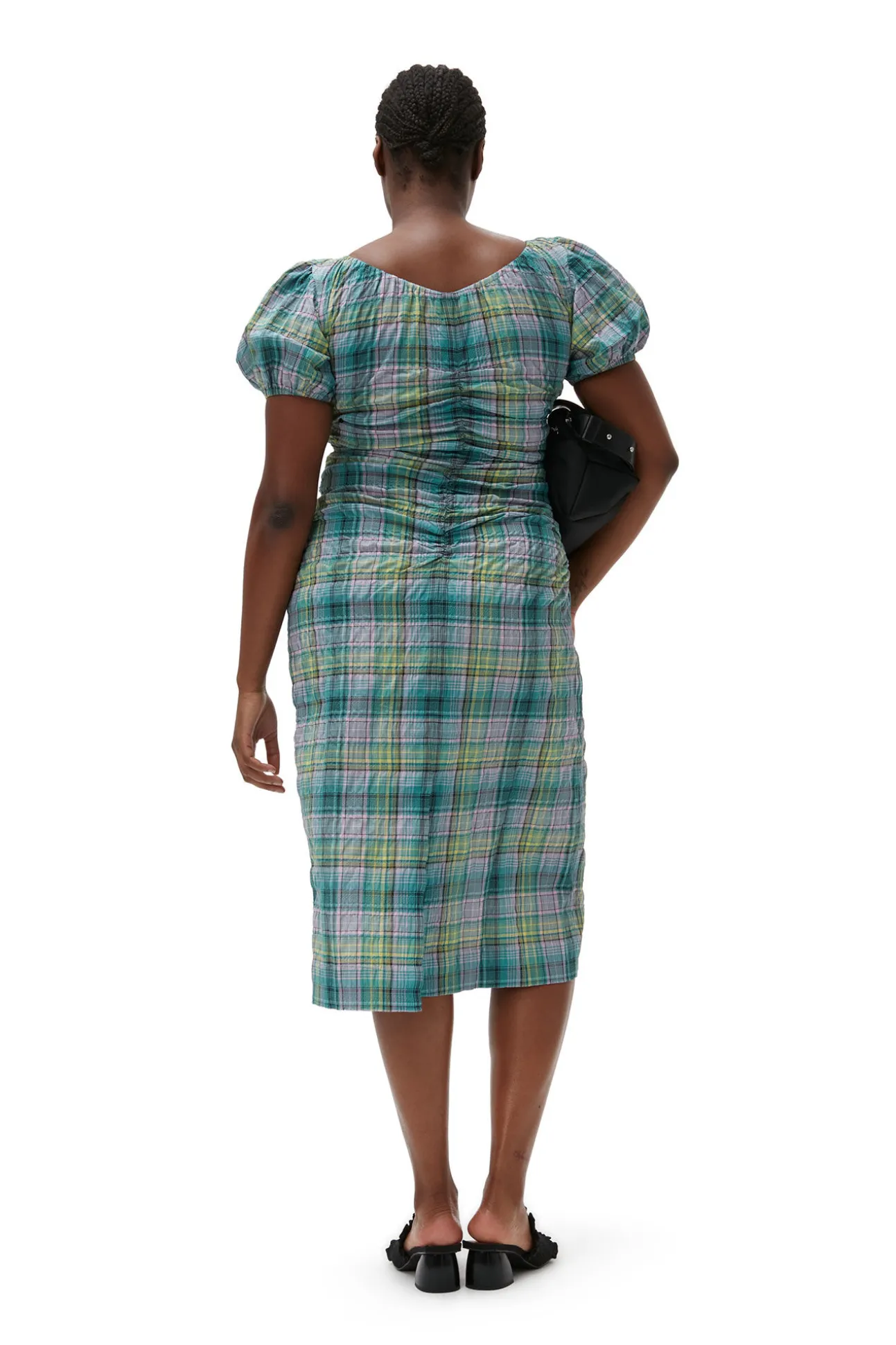 Discount GANNI Gerafftes Seersucker-Midikleid Mit Karomuster Und U-Ausschnitt Lagoon