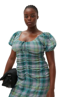 Discount GANNI Gerafftes Seersucker-Midikleid Mit Karomuster Und U-Ausschnitt Lagoon