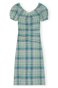 Discount GANNI Gerafftes Seersucker-Midikleid Mit Karomuster Und U-Ausschnitt Lagoon