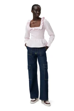 Store GANNI Gesmokte Bluse Mit Offenem Ausschnitt Aus Cotton Poplin Light Lilac