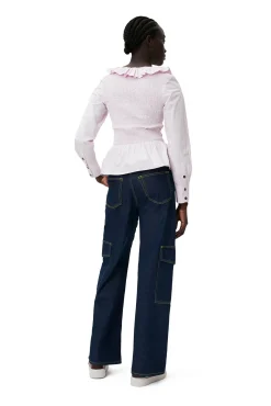 Store GANNI Gesmokte Bluse Mit Offenem Ausschnitt Aus Cotton Poplin Light Lilac