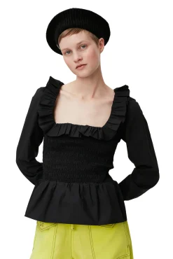 Sale GANNI Gesmokte Bluse Mit Offenem Ausschnitt Aus Cotton Poplin Black