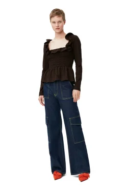 Hot GANNI Gesmokte Seersucker-Bluse Mit Offenem Ausschnitt Chicory Coffee