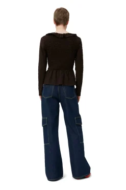Hot GANNI Gesmokte Seersucker-Bluse Mit Offenem Ausschnitt Chicory Coffee