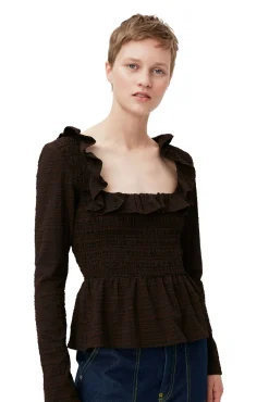Hot GANNI Gesmokte Seersucker-Bluse Mit Offenem Ausschnitt Chicory Coffee