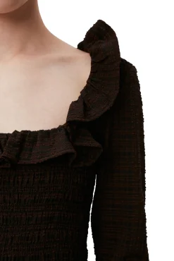 Hot GANNI Gesmokte Seersucker-Bluse Mit Offenem Ausschnitt Chicory Coffee