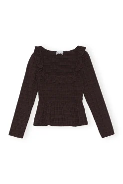 Hot GANNI Gesmokte Seersucker-Bluse Mit Offenem Ausschnitt Chicory Coffee