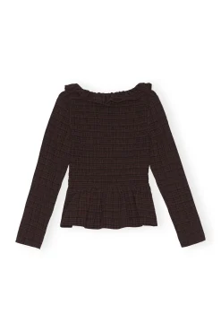 Hot GANNI Gesmokte Seersucker-Bluse Mit Offenem Ausschnitt Chicory Coffee