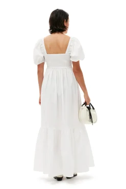 Best GANNI Gesmoktes Maxikleid Aus Cotton Poplin Bright White