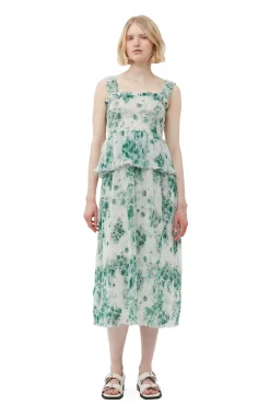Sale GANNI Gesmoktes Midikleid Aus Plissiertem Georgette Egret