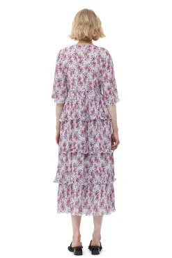 Best GANNI Gesmoktes Midikleid Aus Plissiertem Georgette Mit Volants Mauve Chalk