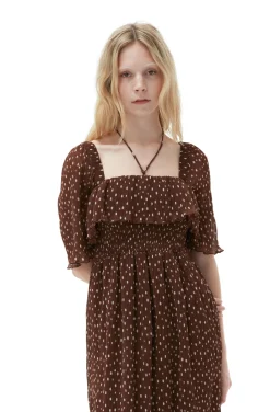 Discount GANNI Gesmoktes Midikleid Aus Plissiertem Georgette Rocky Road