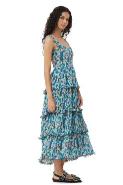 Discount GANNI Gesmoktes Midikleid Aus Plissiertem Georgette Floral Azure Blue