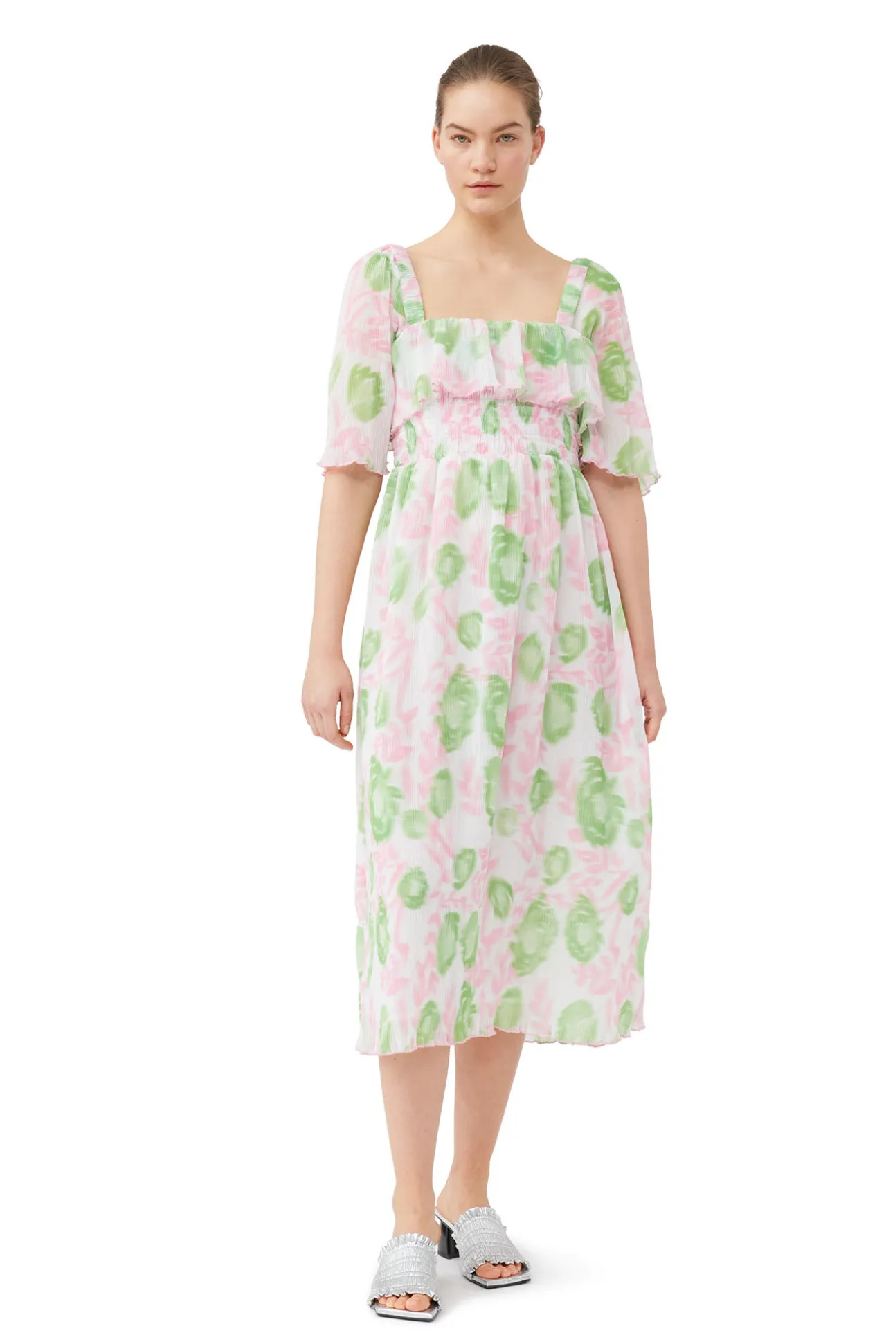 Flash Sale GANNI Gesmoktes Midikleid Aus Plissiertem Georgette Pink Tulle