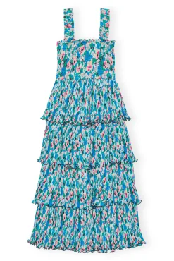 Discount GANNI Gesmoktes Midikleid Aus Plissiertem Georgette Floral Azure Blue