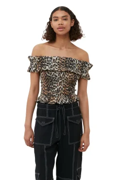 Hot GANNI Gesmoktes Off-Shoulder-Oberteil Im Cropped-Stil Aus Transparentem Voile Almond Milk