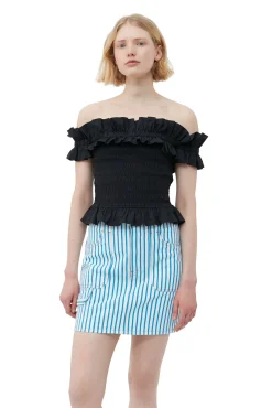Fashion GANNI Gesmoktes Off-Shoulder-Oberteil Aus Cotton Poplin Black