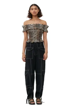 Hot GANNI Gesmoktes Off-Shoulder-Oberteil Im Cropped-Stil Aus Transparentem Voile Almond Milk