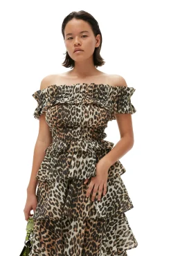 Hot GANNI Gesmoktes Off-Shoulder-Oberteil Im Cropped-Stil Aus Transparentem Voile Almond Milk