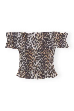Hot GANNI Gesmoktes Off-Shoulder-Oberteil Im Cropped-Stil Aus Transparentem Voile Almond Milk