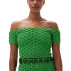 Best GANNI Gesmoktes Schulterfreies Satin-Top Classic Green