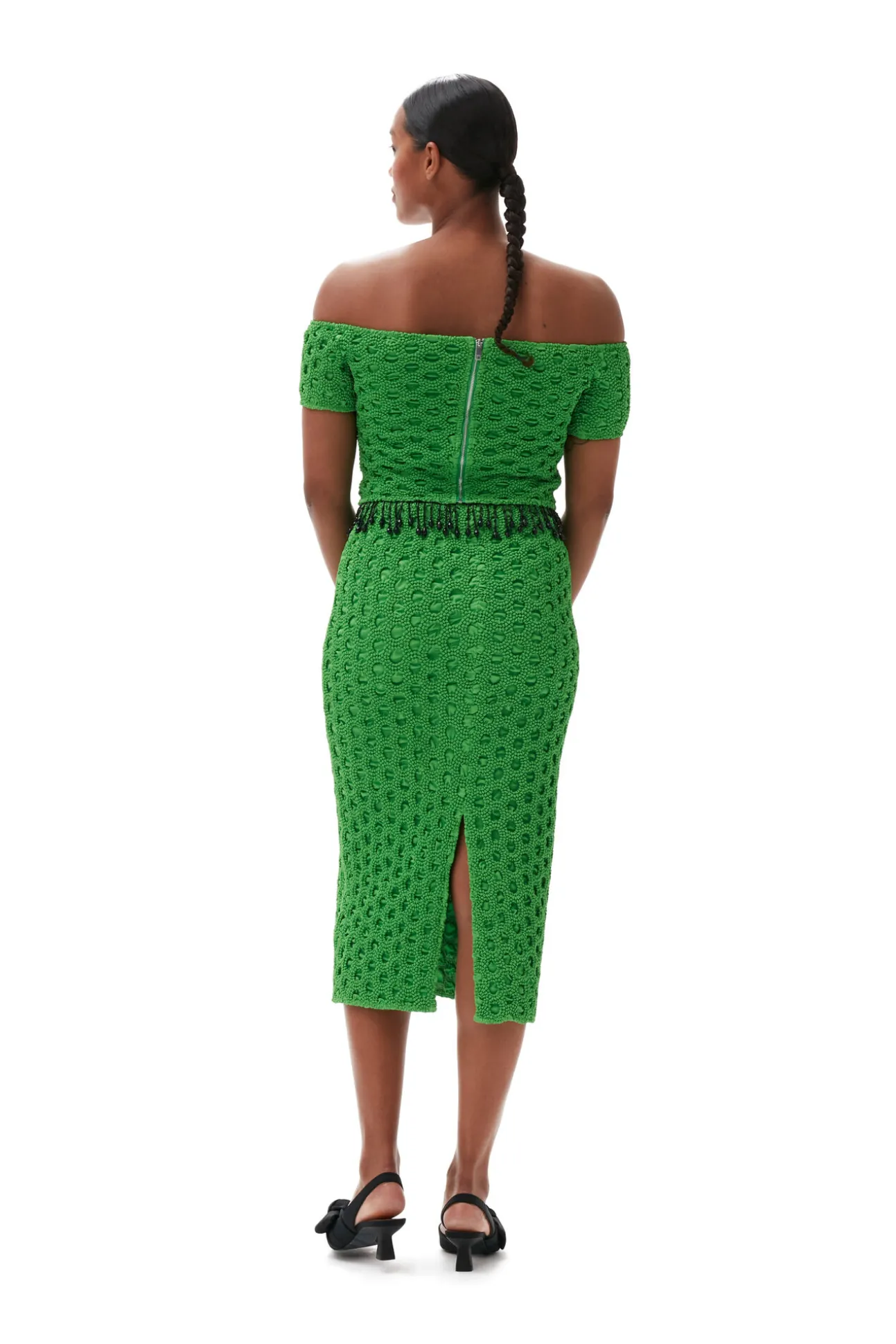 Best GANNI Gesmoktes Schulterfreies Satin-Top Classic Green